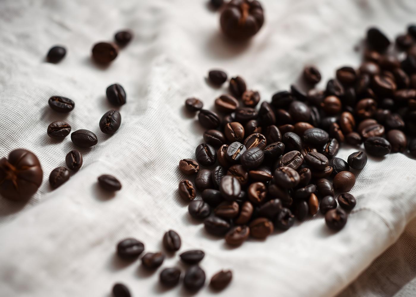 Roasted specialty coffee beans on cream linen