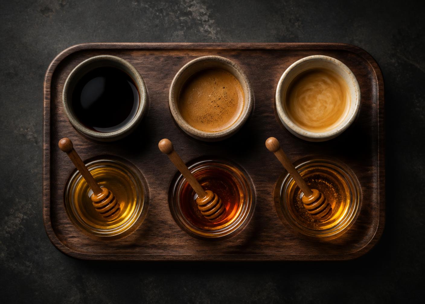 Three miniature coffees paired with three honeys on a walnut tray