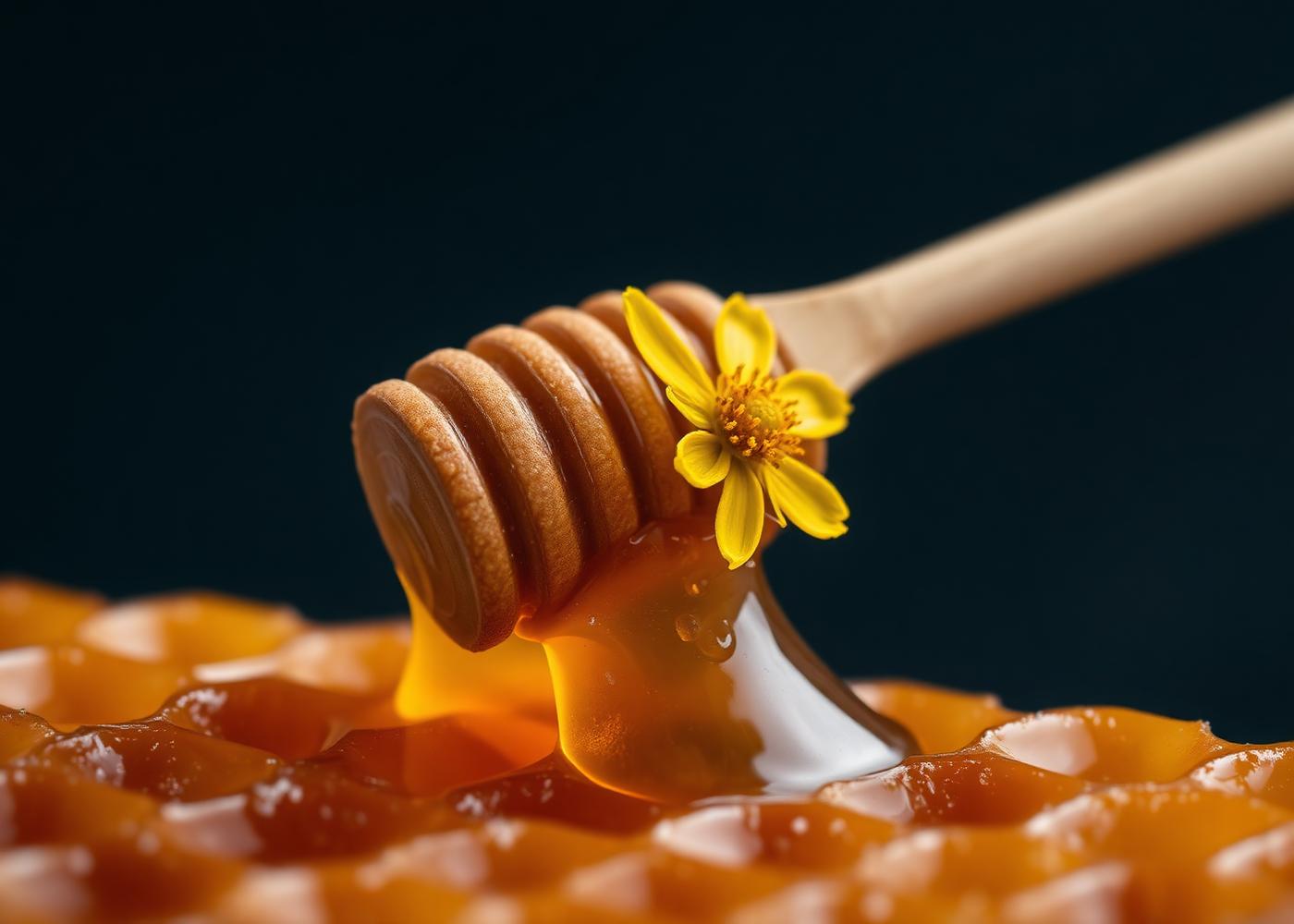 Raw honey on comb with a wildflower