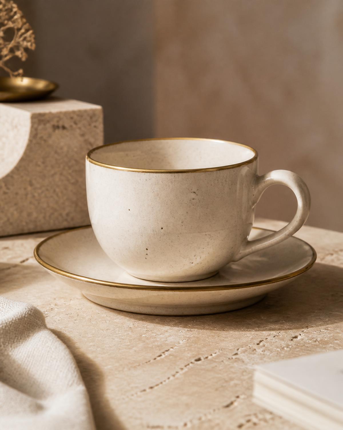 Ivory ceramic cup with brass rim