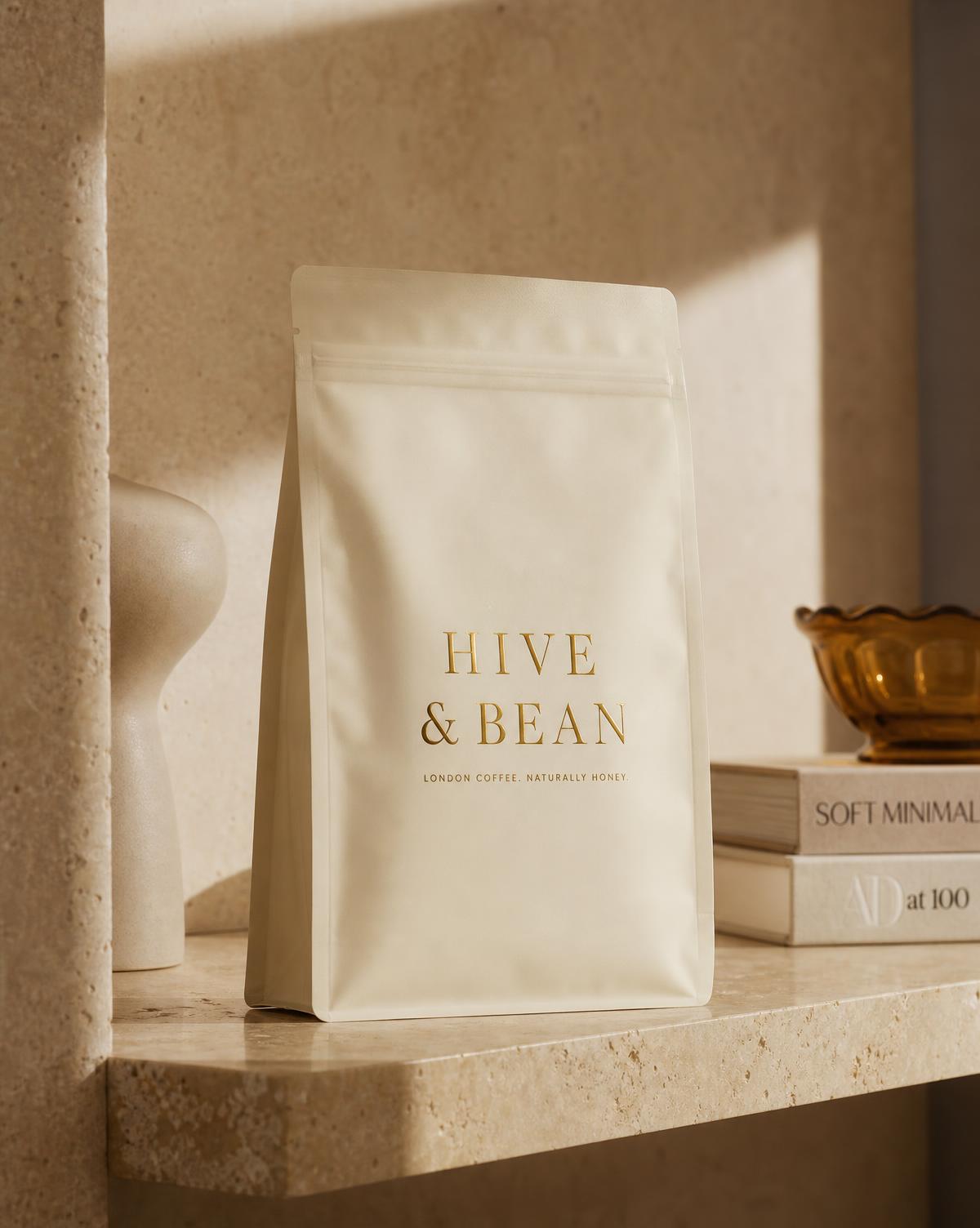 Ivory Hive & Bean coffee bag with gold foil wordmark