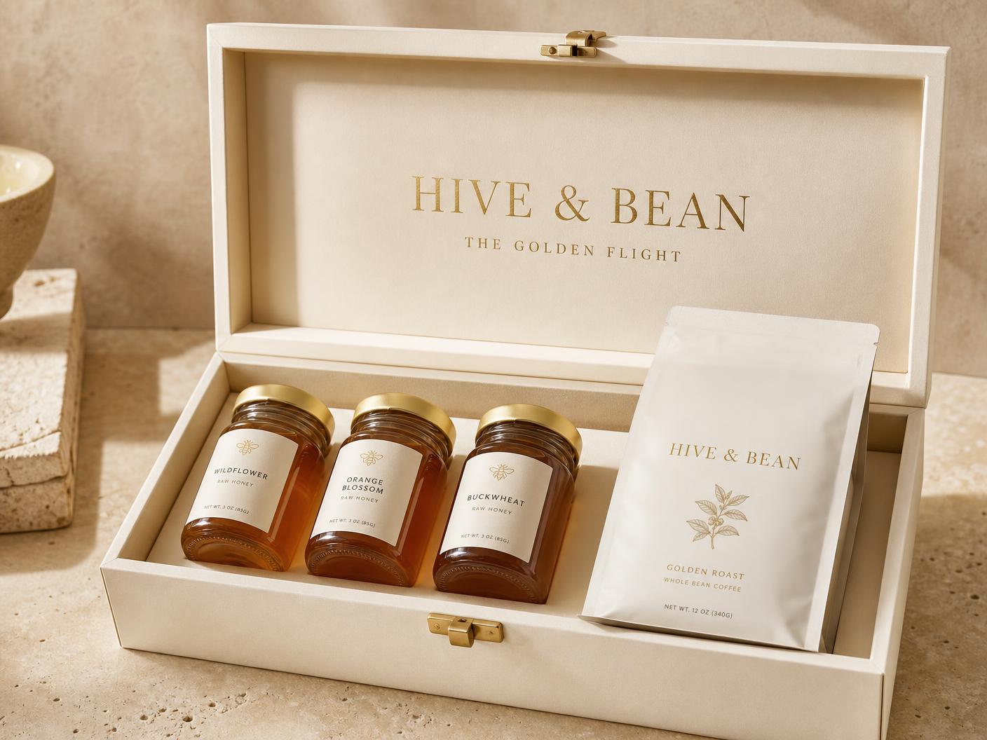 The Golden Flight gift box with three honey jars and a coffee bag