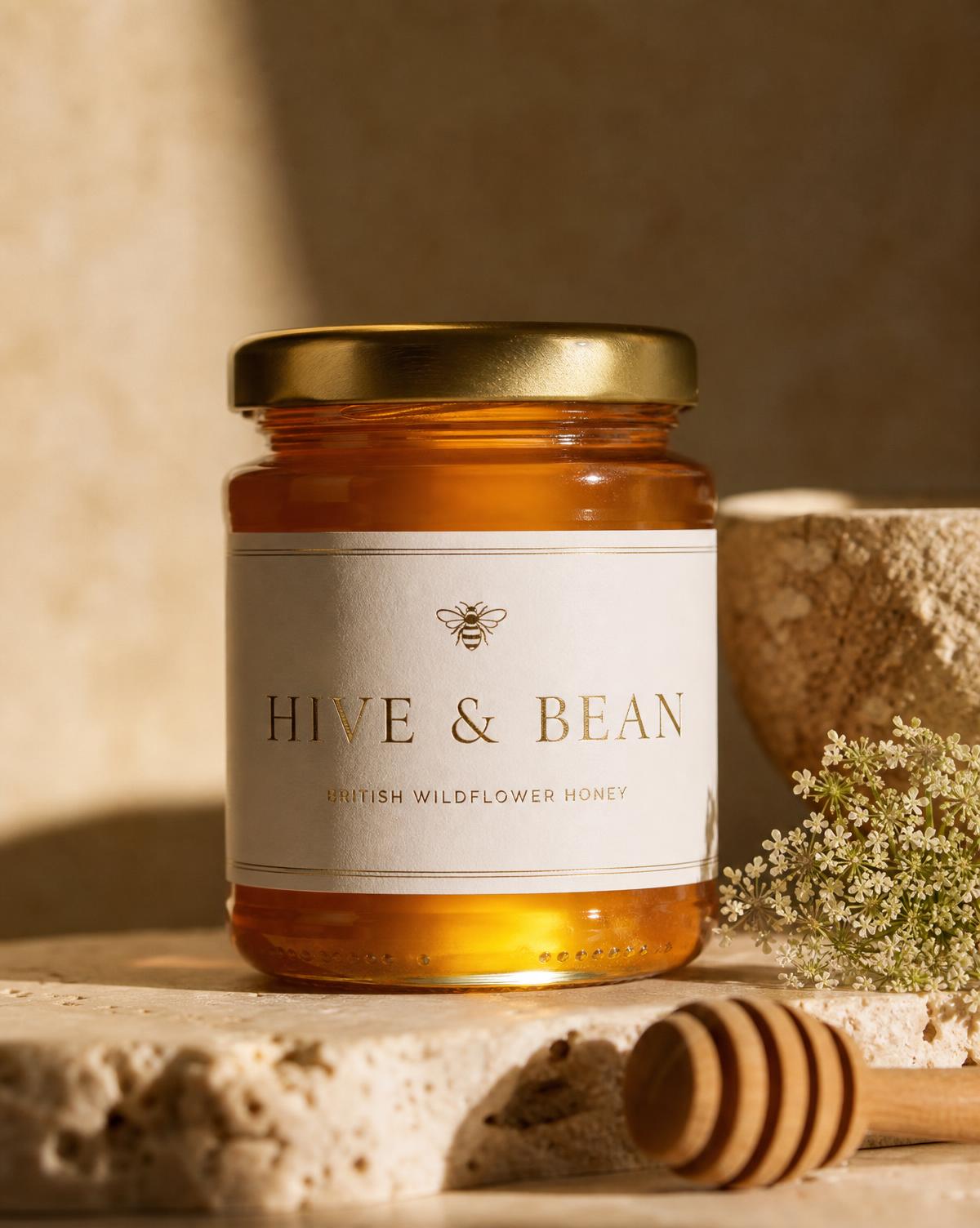 Amber Hive & Bean honey jar with brass lid